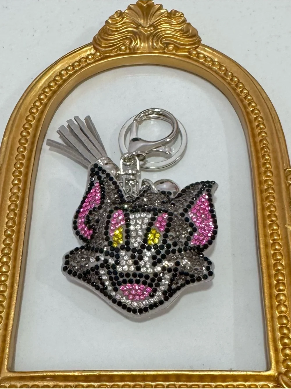 New Gray Crystal Cat Face Keychain Charm - Pink & Yellow Accent